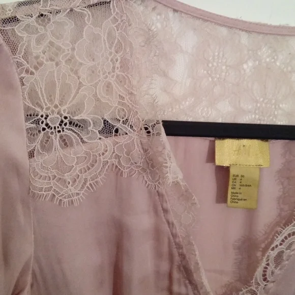 H&M Gold Label Women's Pink Silk Feel Peplum Blouse Lace Details Size 4 - Picture 5 of 8